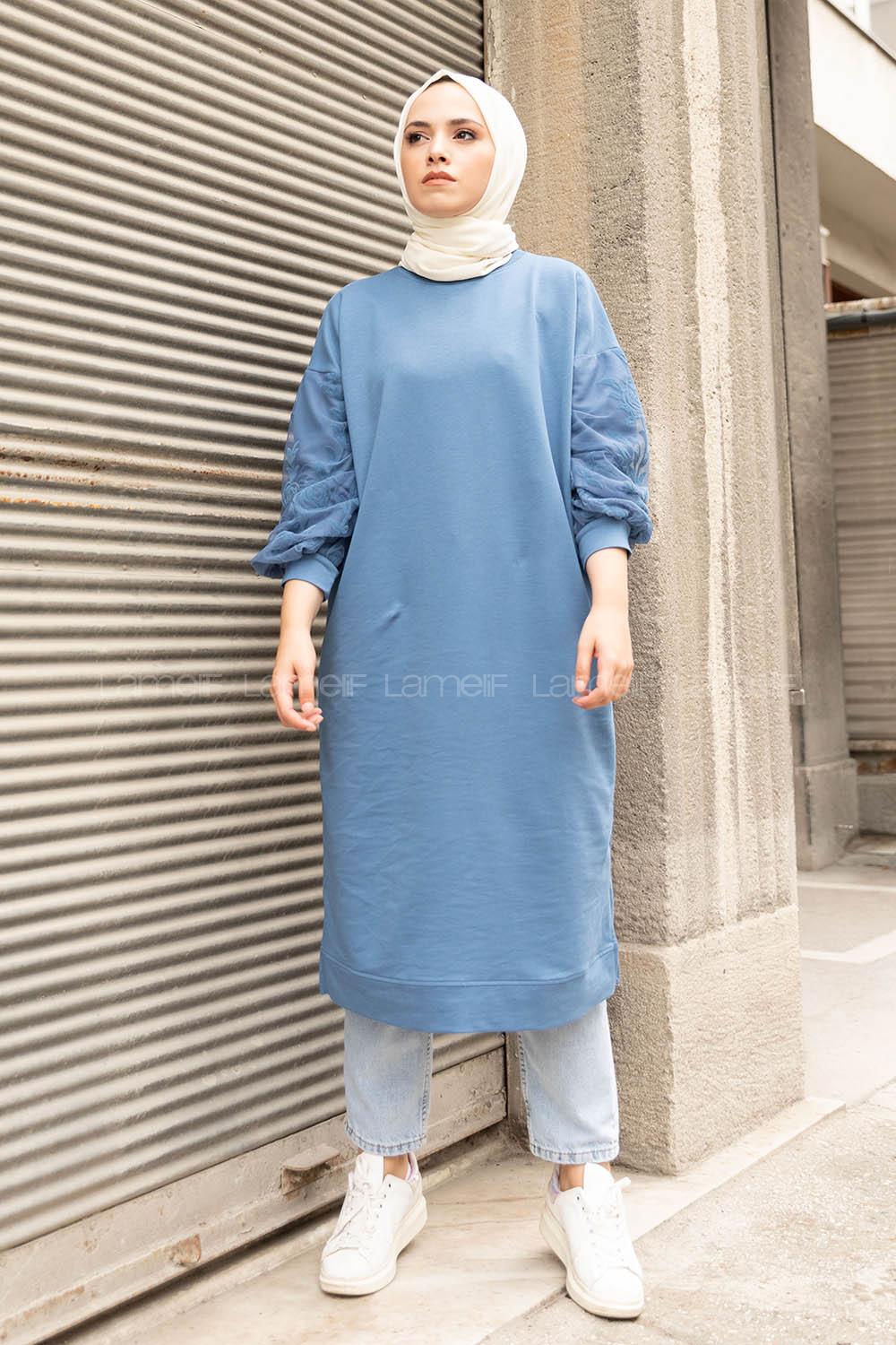 Modalamelif Kolu Flok Tül Tunik İndigo