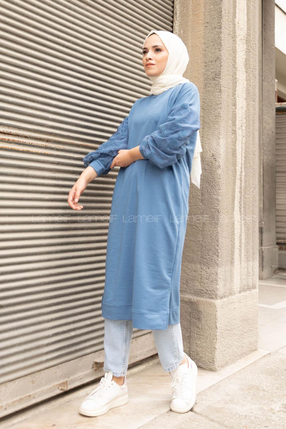 Modalamelif Kolu Flok Tül Tunik İndigo