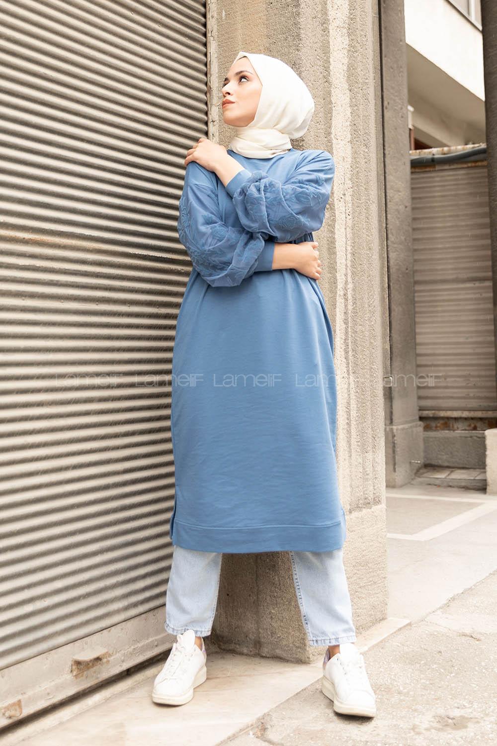Modalamelif Kolu Flok Tül Tunik İndigo