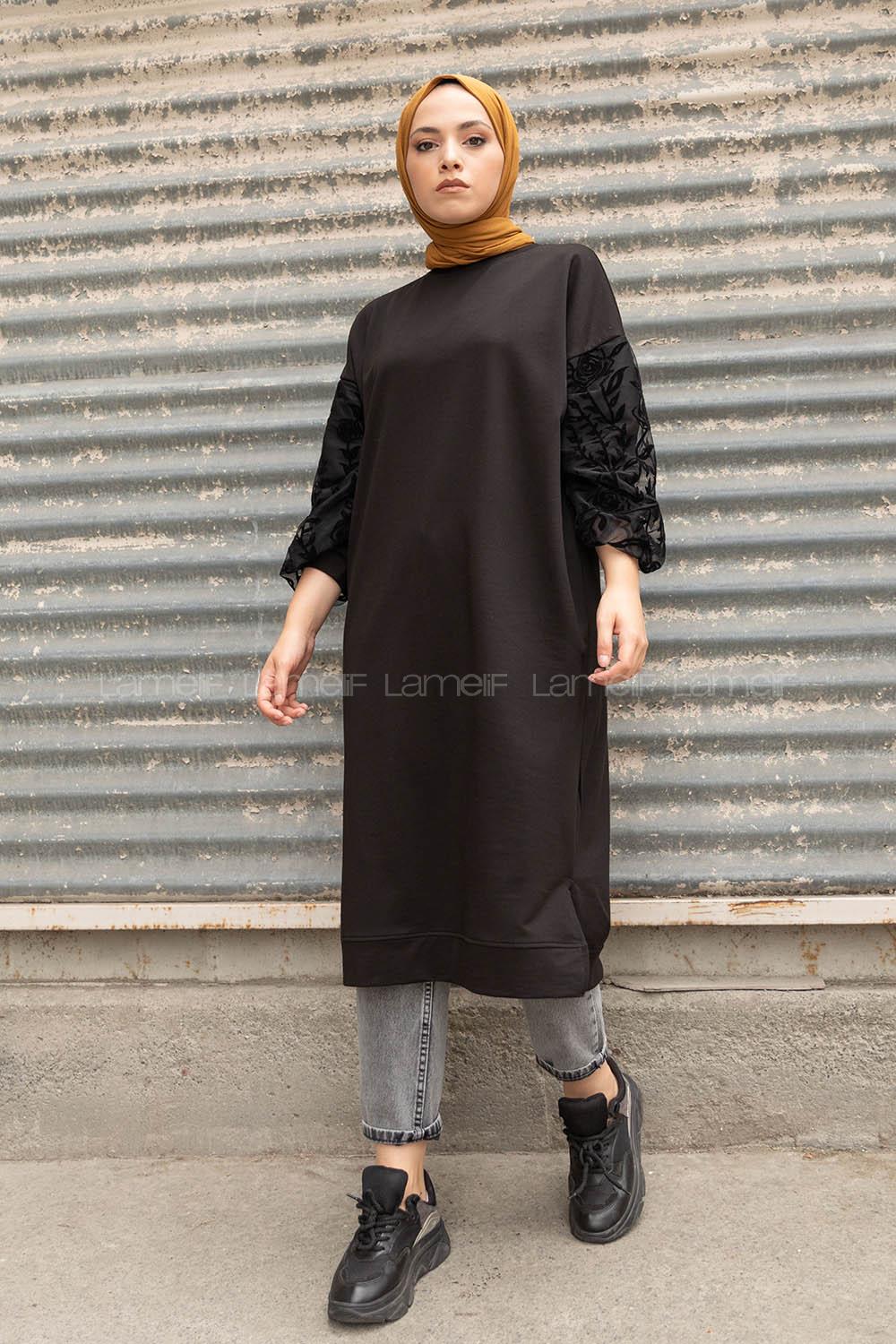 Modalamelif Kolu Flok Tül Tunik Siyah