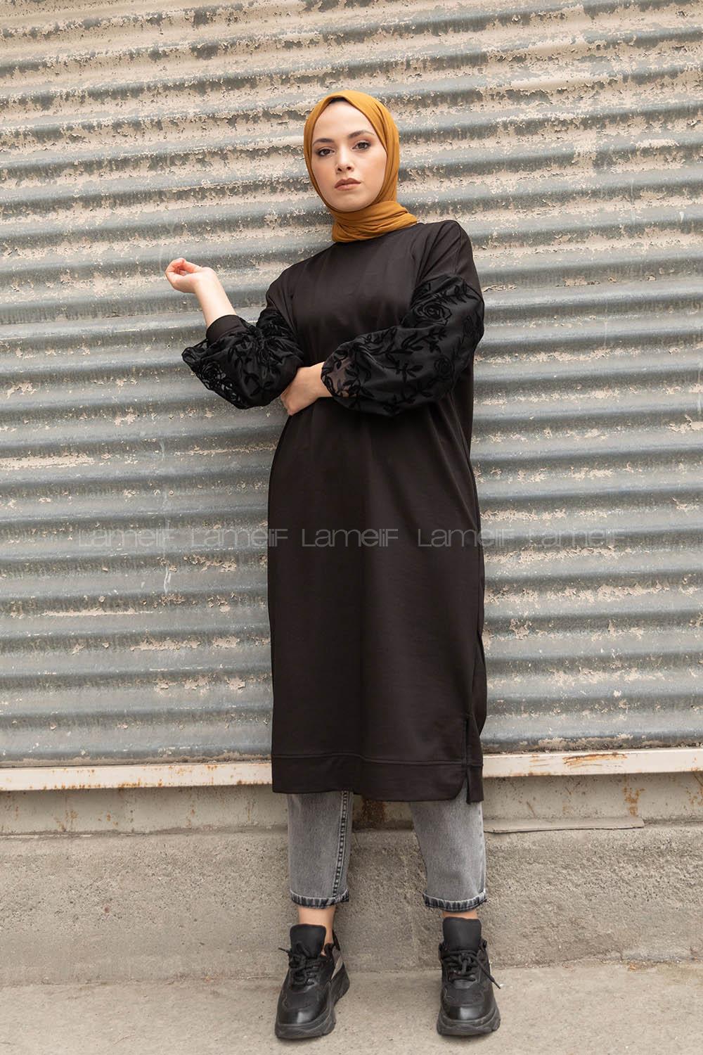 Modalamelif Kolu Flok Tül Tunik Siyah