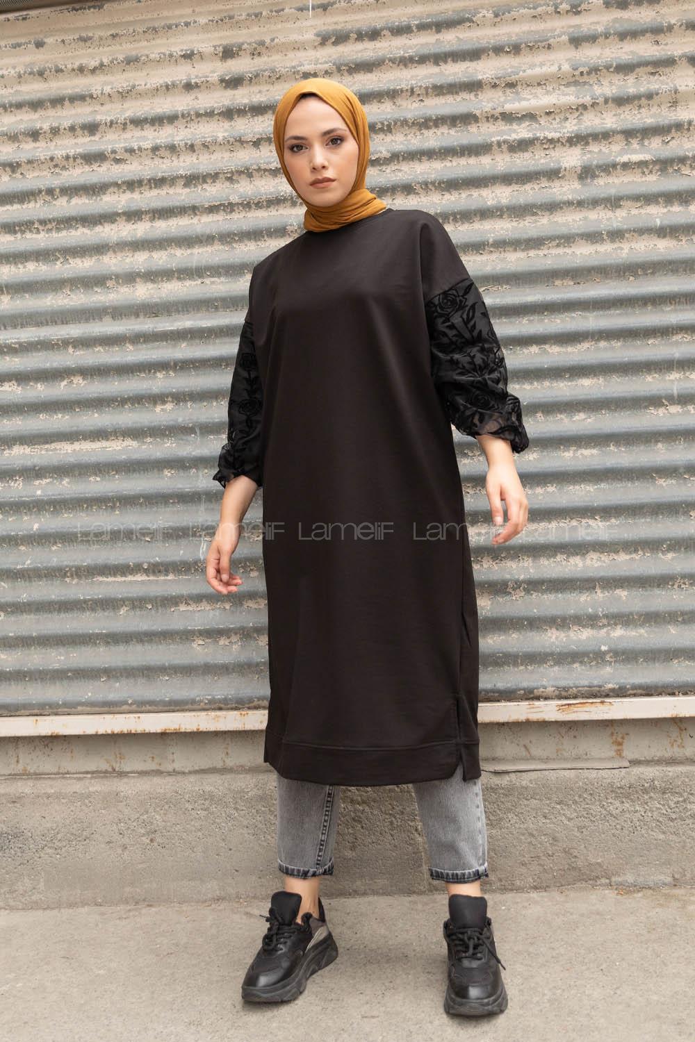 Modalamelif Kolu Flok Tül Tunik Siyah