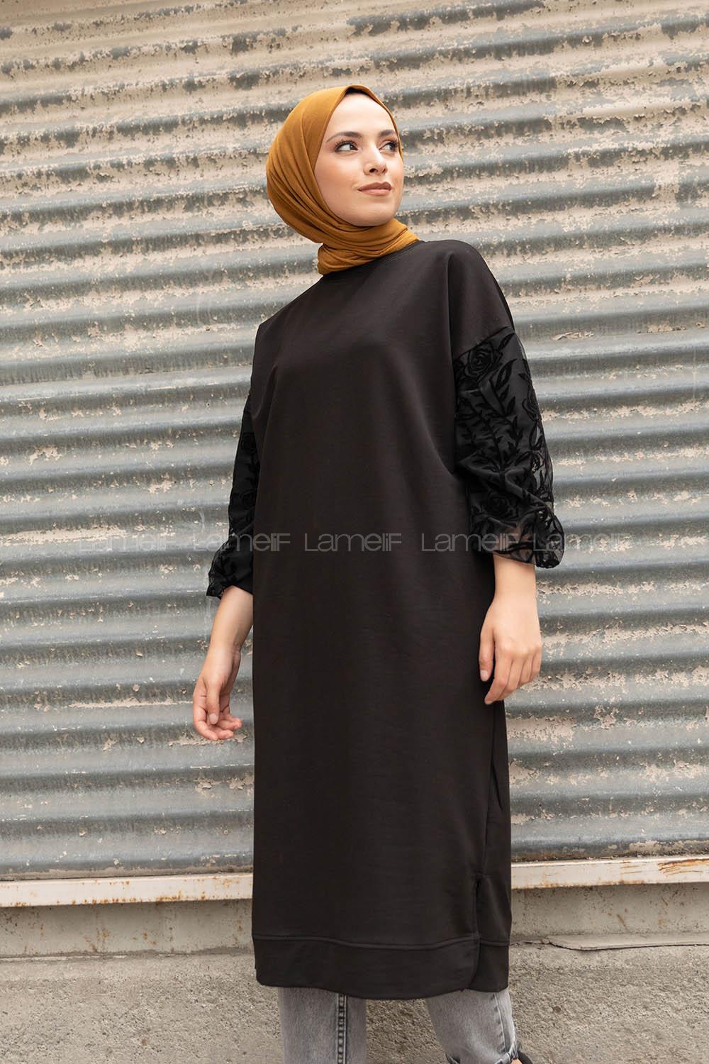 Modalamelif Kolu Flok Tül Tunik Siyah