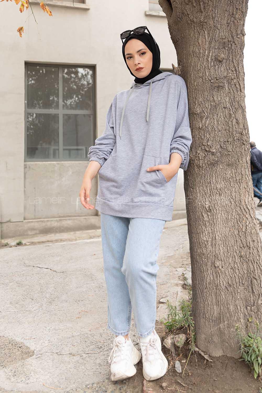 Modalamelif  Kanguru Cepli Kapşonlu Sweatshirt  Gri