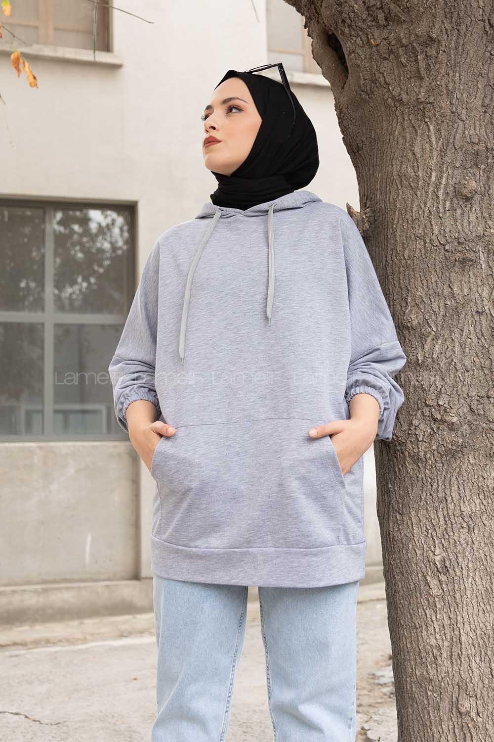 Modalamelif  Kanguru Cepli Kapşonlu Sweatshirt  Gri