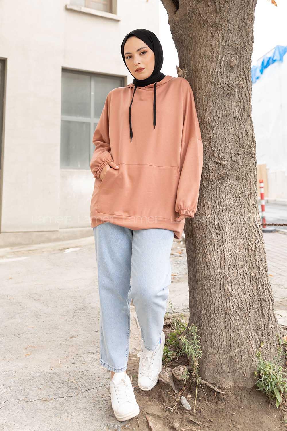 Modalamelif  Kanguru Cepli Kapşonlu Sweatshirt Gül Kurusu