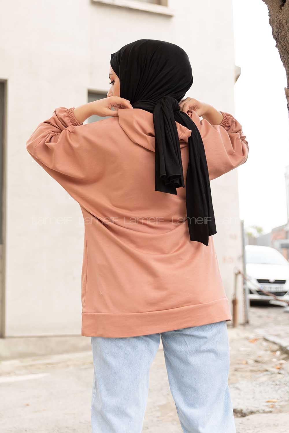 Modalamelif  Kanguru Cepli Kapşonlu Sweatshirt Gül Kurusu