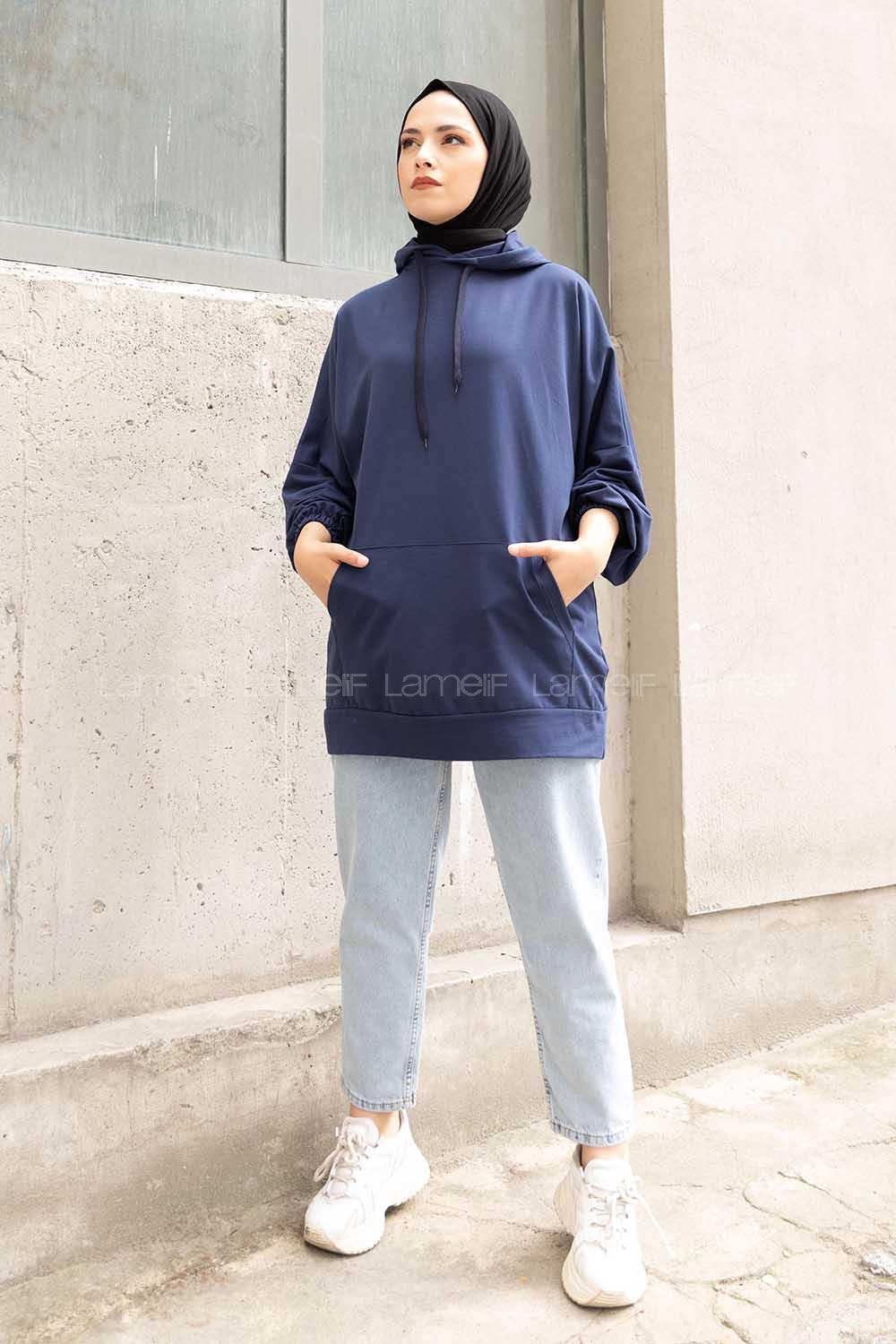 Modalamelif  Kanguru Cepli Kapşonlu Sweatshirt Lacivert