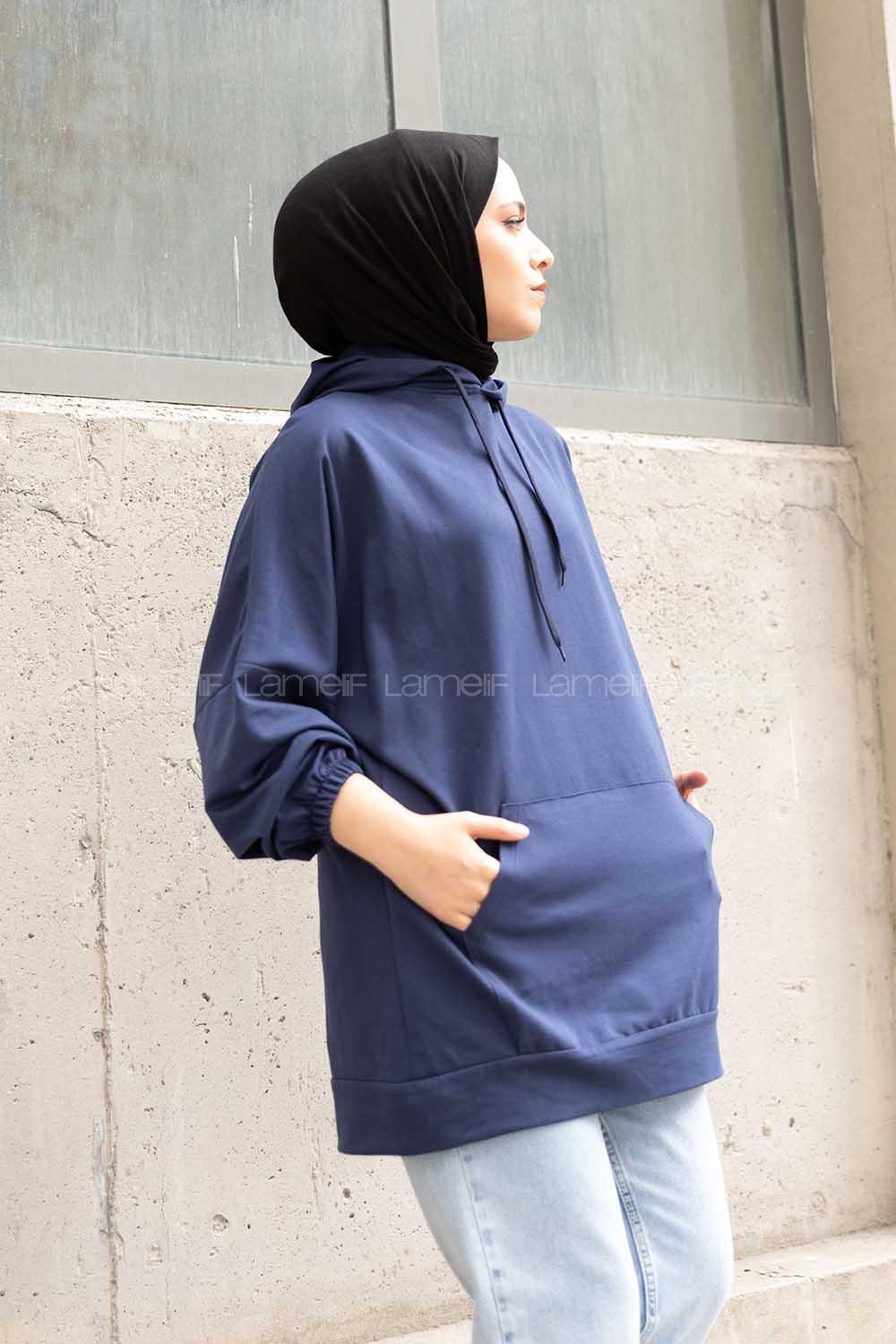 Modalamelif  Kanguru Cepli Kapşonlu Sweatshirt Lacivert