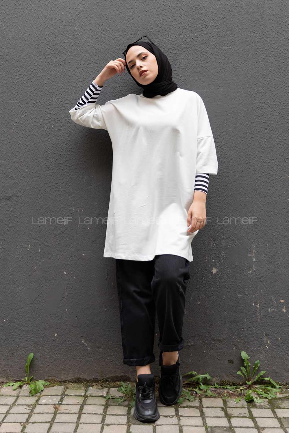 Modalamelif Kol Çizgili Sweatshirt Beyaz