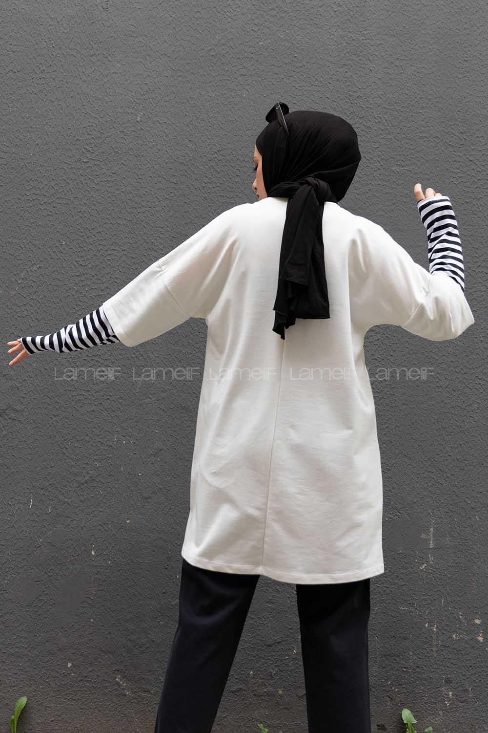 Modalamelif Kol Çizgili Sweatshirt Beyaz