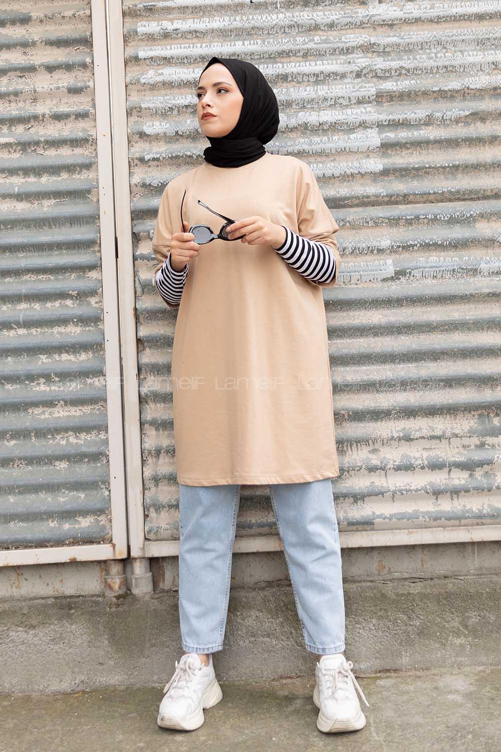 Modalamelif Kol Çizgili Sweatshirt Sütlü Kahve