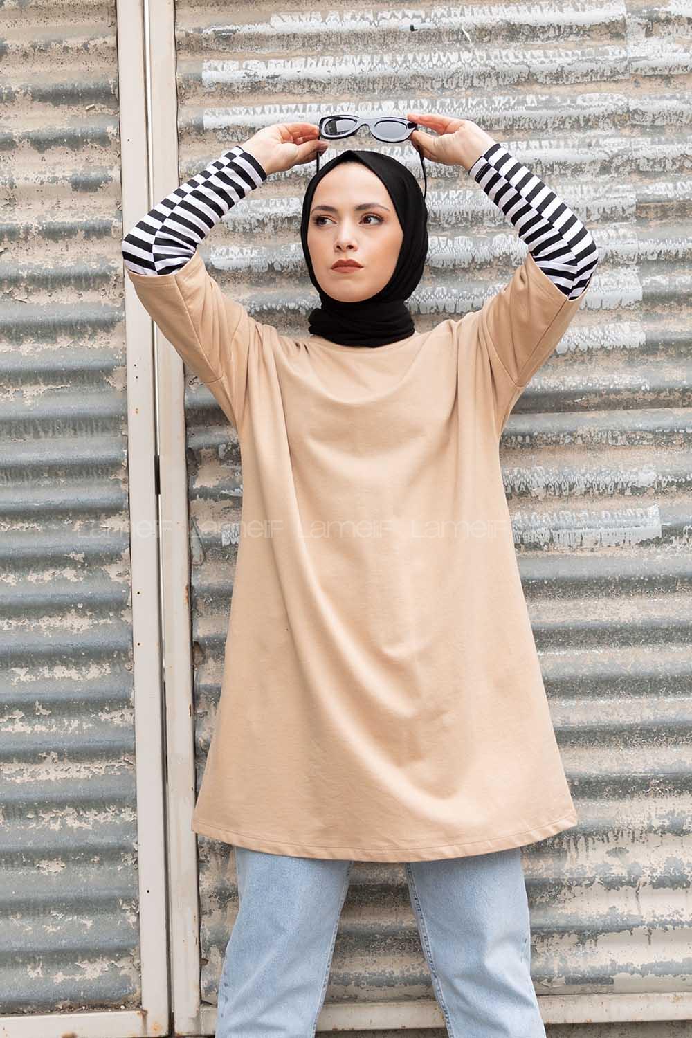 Modalamelif Kol Çizgili Sweatshirt Sütlü Kahve