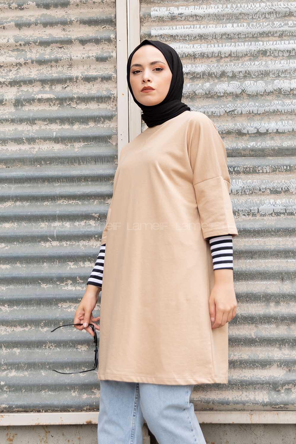 Modalamelif Kol Çizgili Sweatshirt Sütlü Kahve