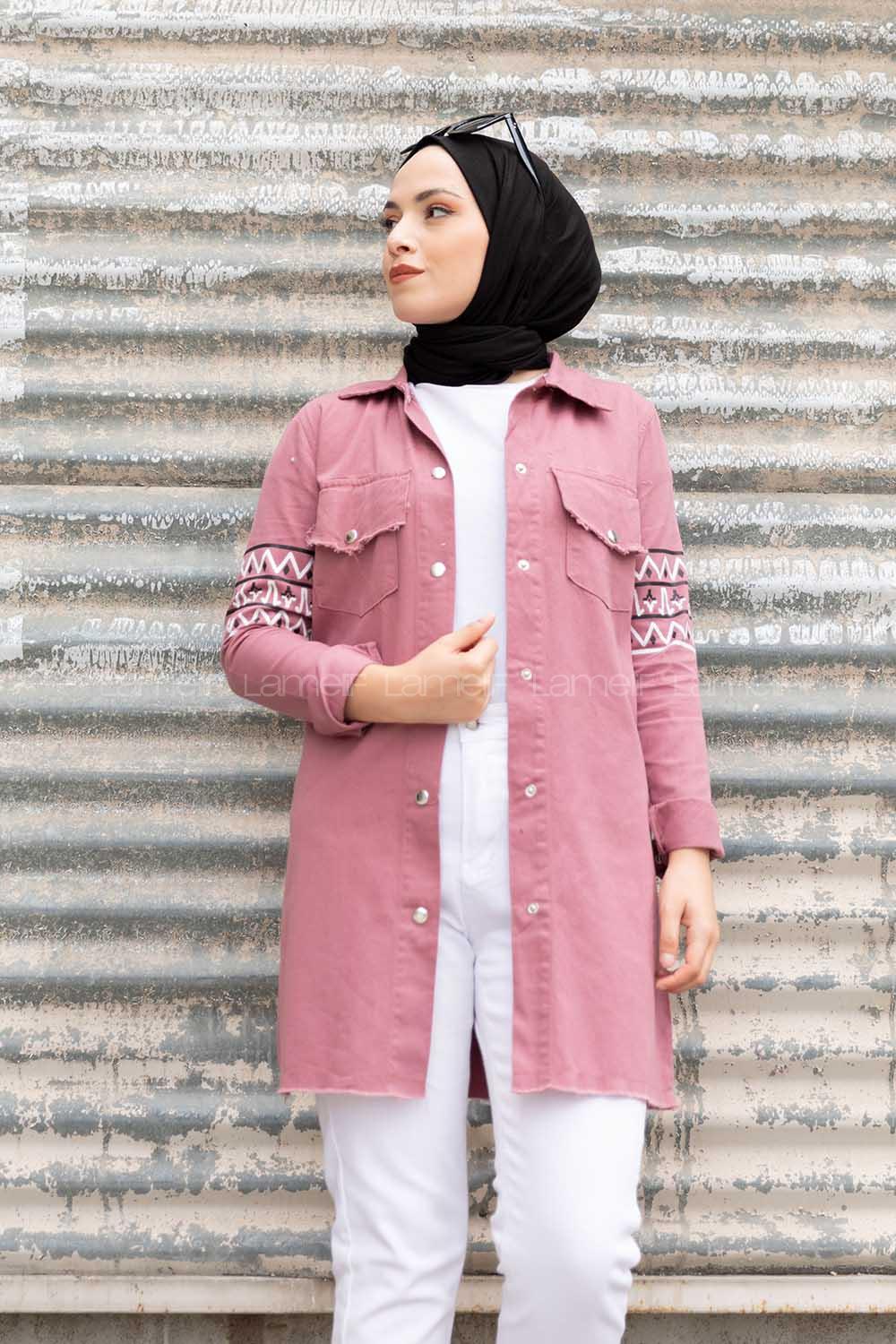 Modalamelif  Kol Şeritli Kot Ceket Gül Kurusu