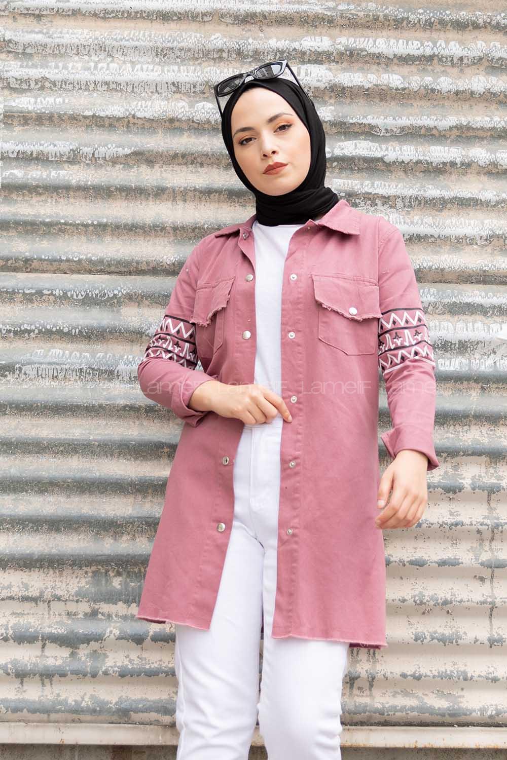 Modalamelif  Kol Şeritli Kot Ceket Gül Kurusu