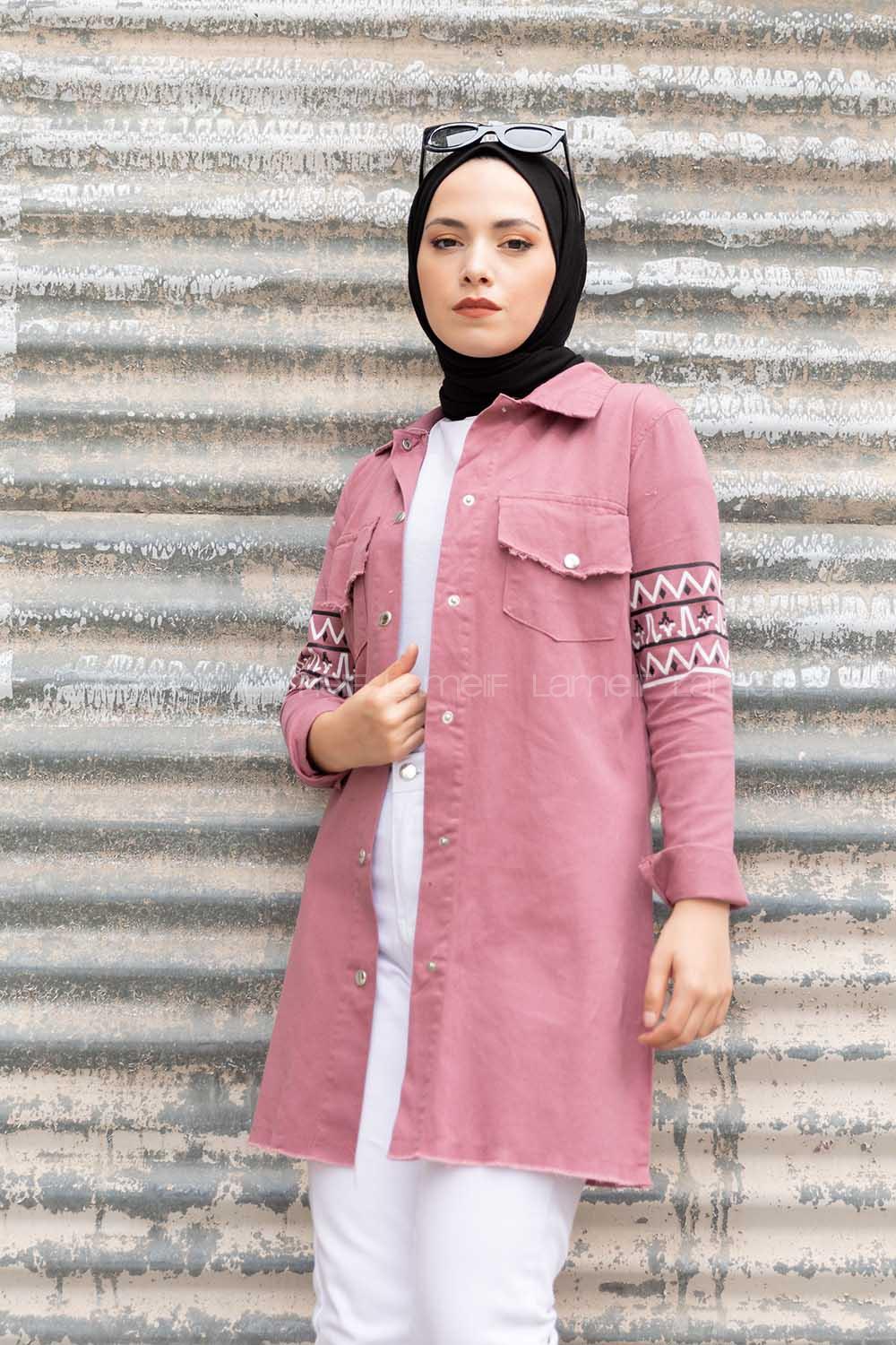 Modalamelif  Kol Şeritli Kot Ceket Gül Kurusu