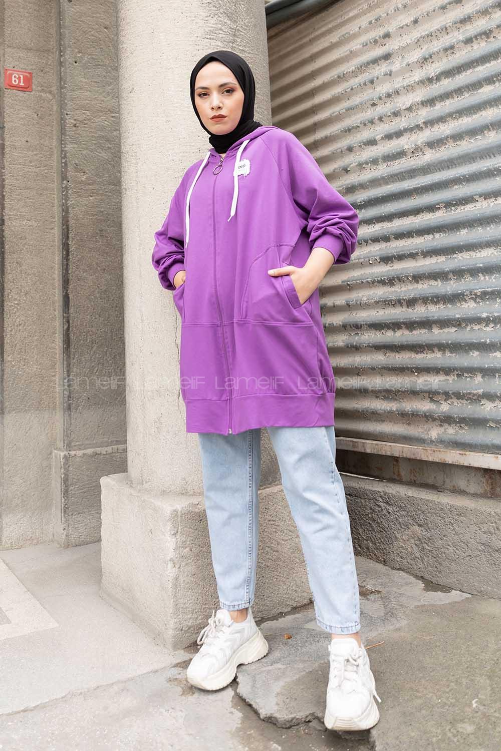 Modalamelif Önü Fermuarlı Arma Baskılı Hırka Mor