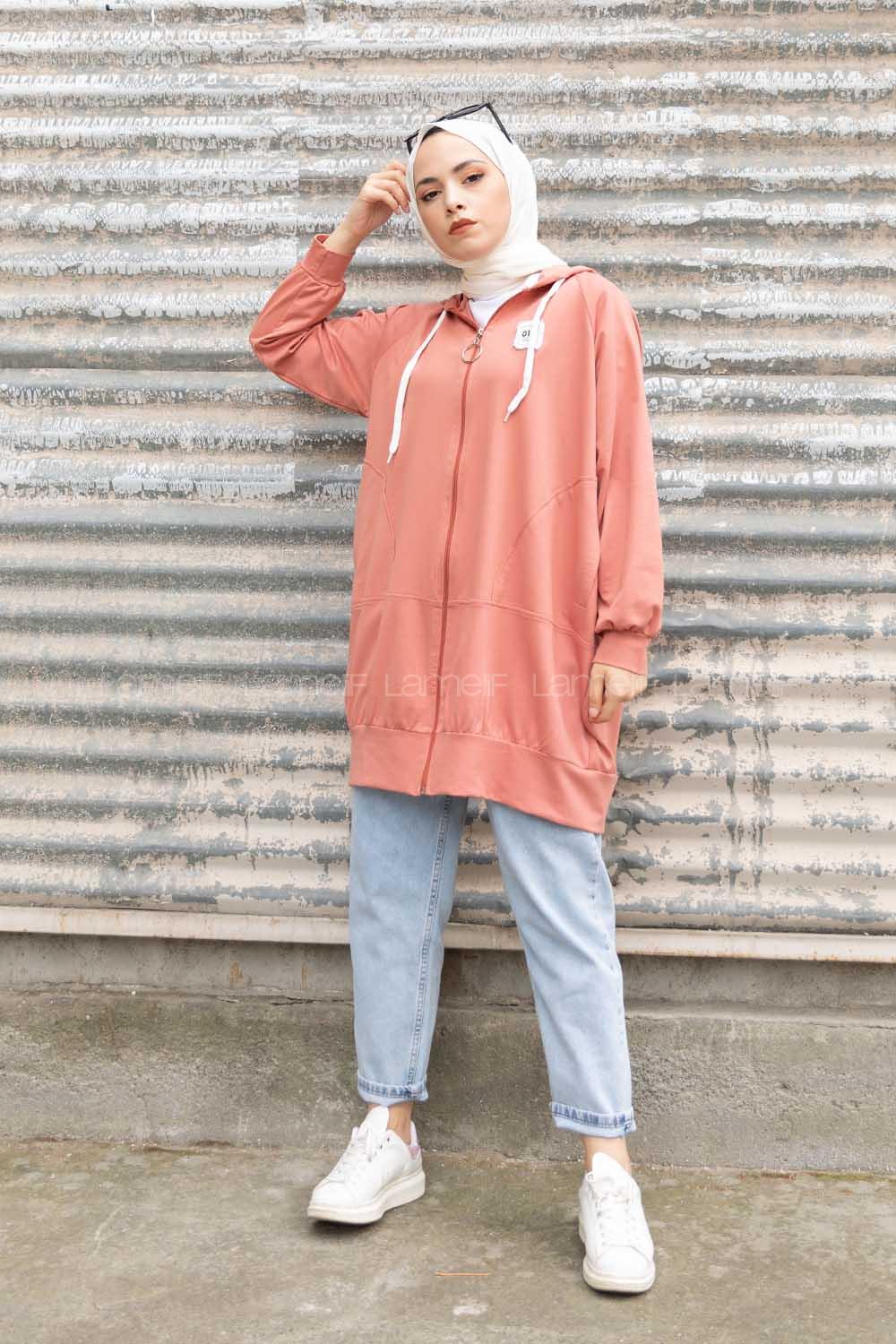 Modalamelif Önü Fermuarlı Arma Baskılı Hırka Pudra