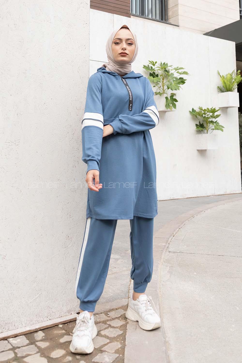 Modalamelif Yarım Fermuarlı Kapşonlu İkili Takım İndigo