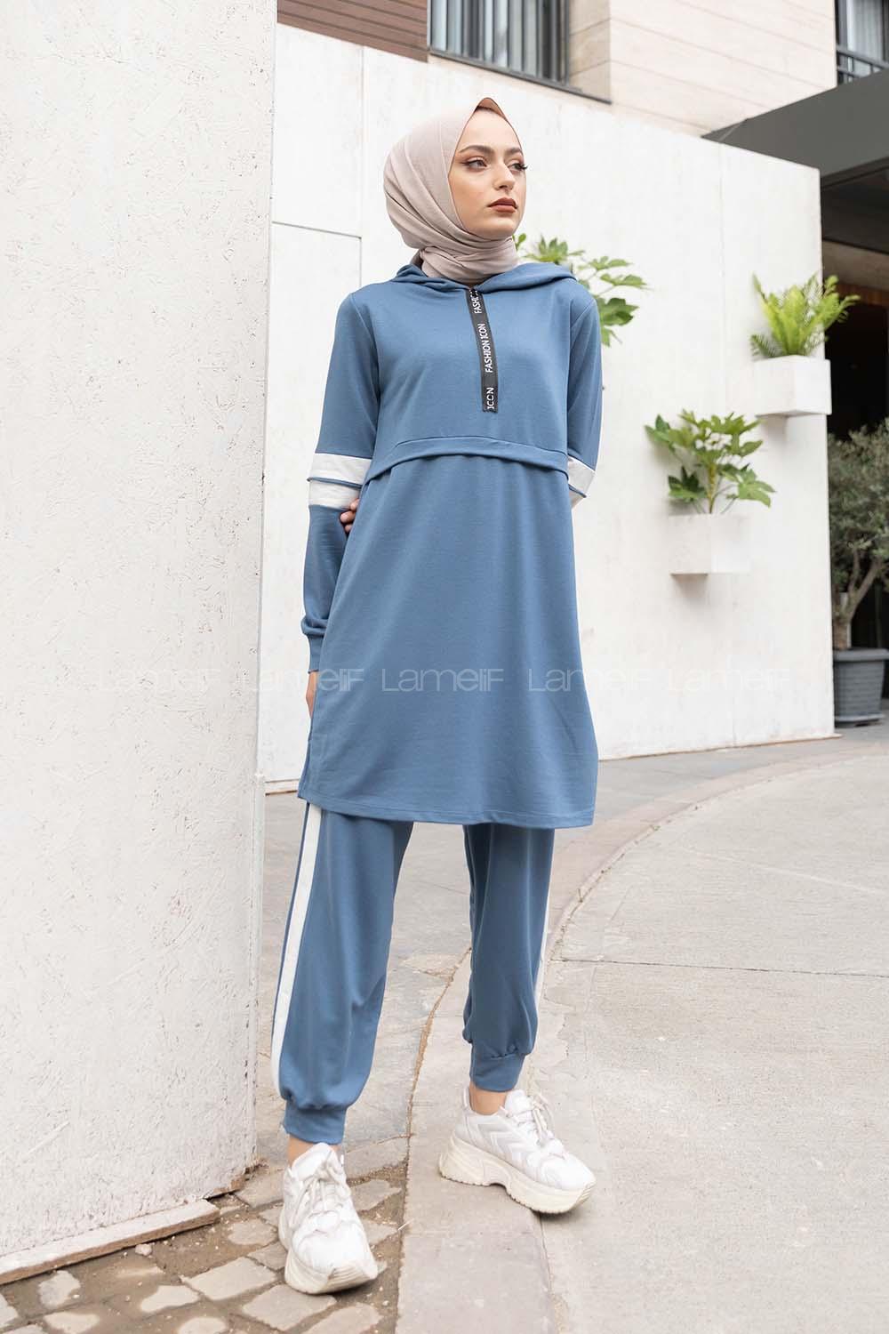 Modalamelif Yarım Fermuarlı Kapşonlu İkili Takım İndigo