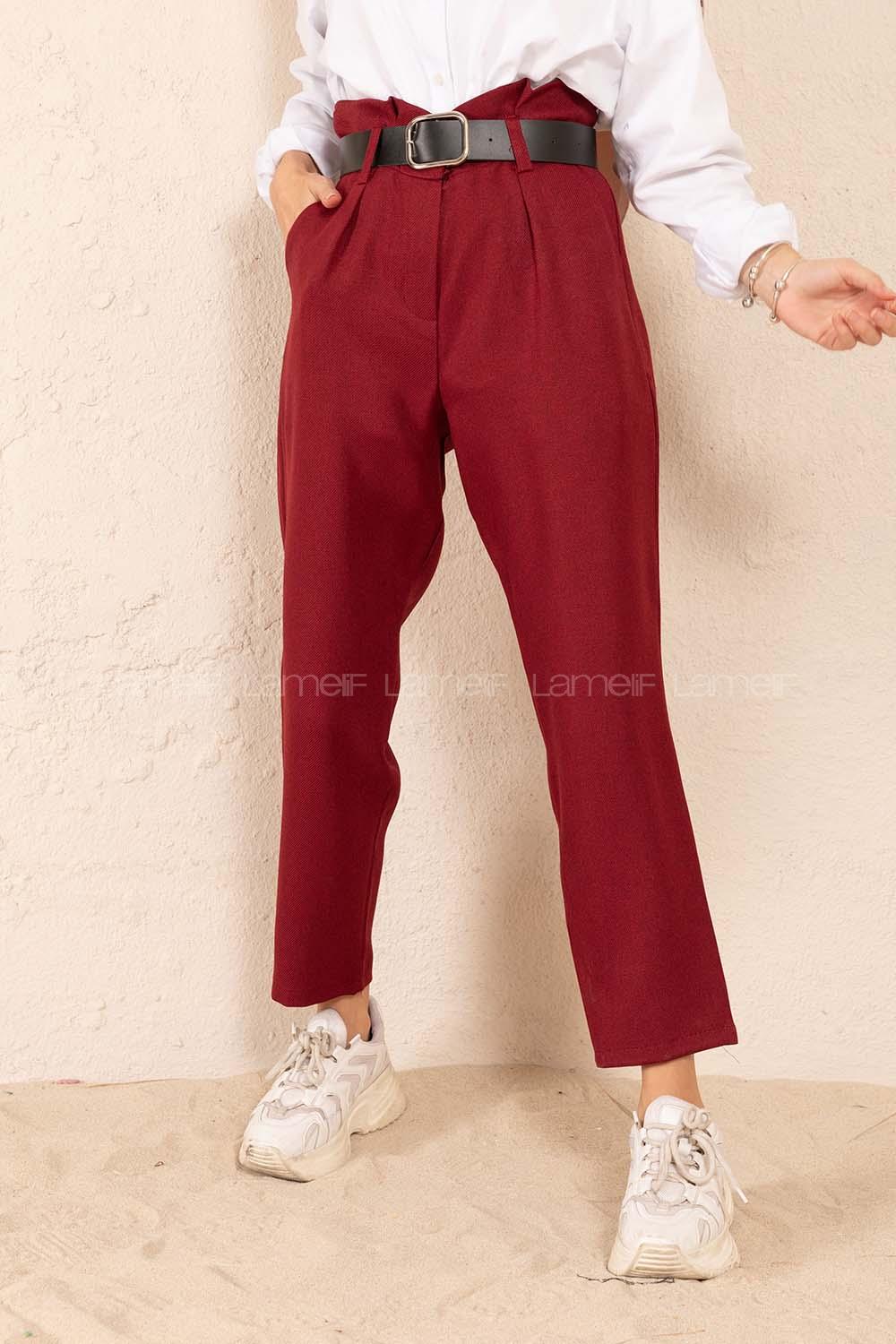 Modalamelif Çift Cep Deri Kemerli Pantolon Bordo