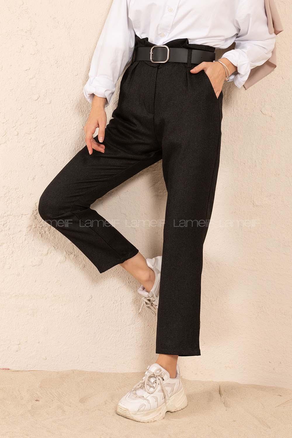 Modalamelif Çift Cep Deri Kemerli Pantolon Siyah