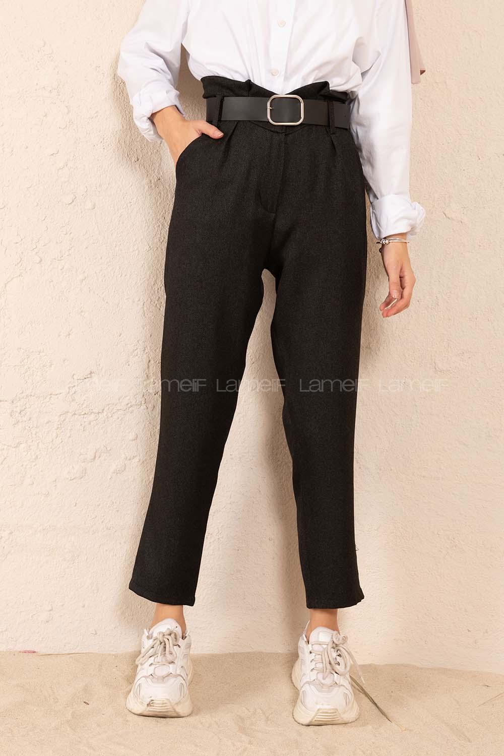 Modalamelif Çift Cep Deri Kemerli Pantolon Siyah