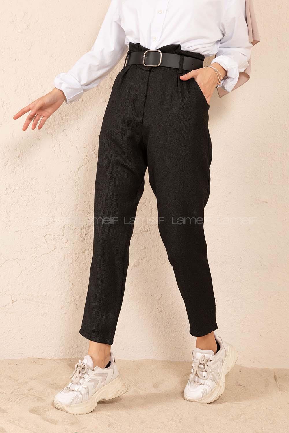 Modalamelif Çift Cep Deri Kemerli Pantolon Siyah