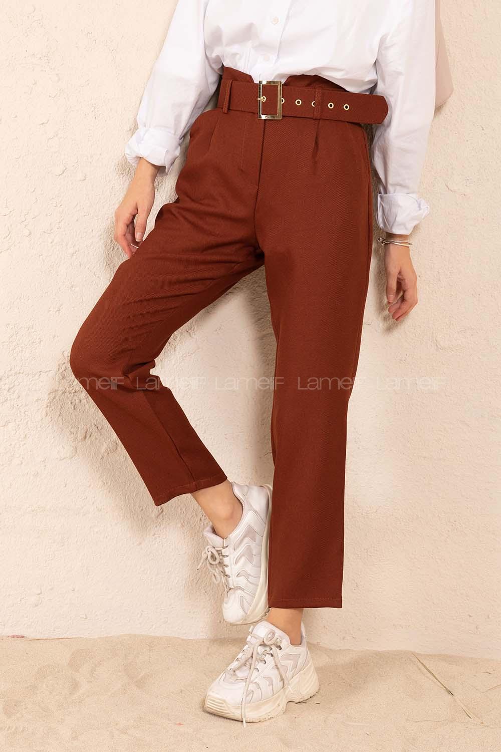 Modalamelif Çift Cep Gold Kemerli Pantolon Acı Kahve