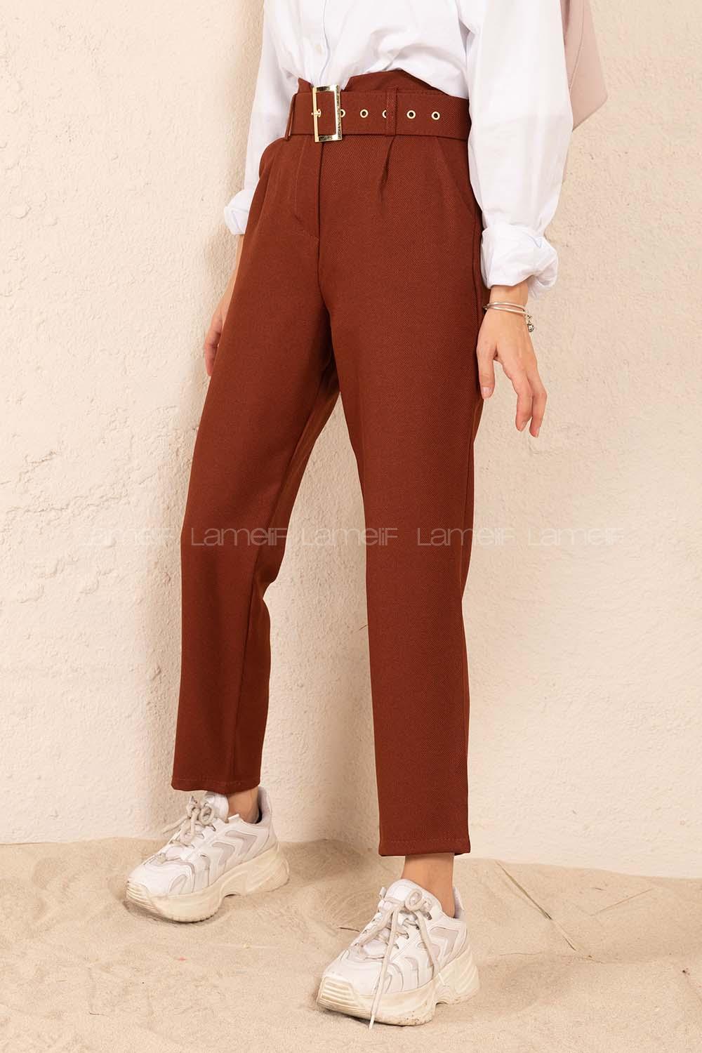 Modalamelif Çift Cep Gold Kemerli Pantolon Acı Kahve
