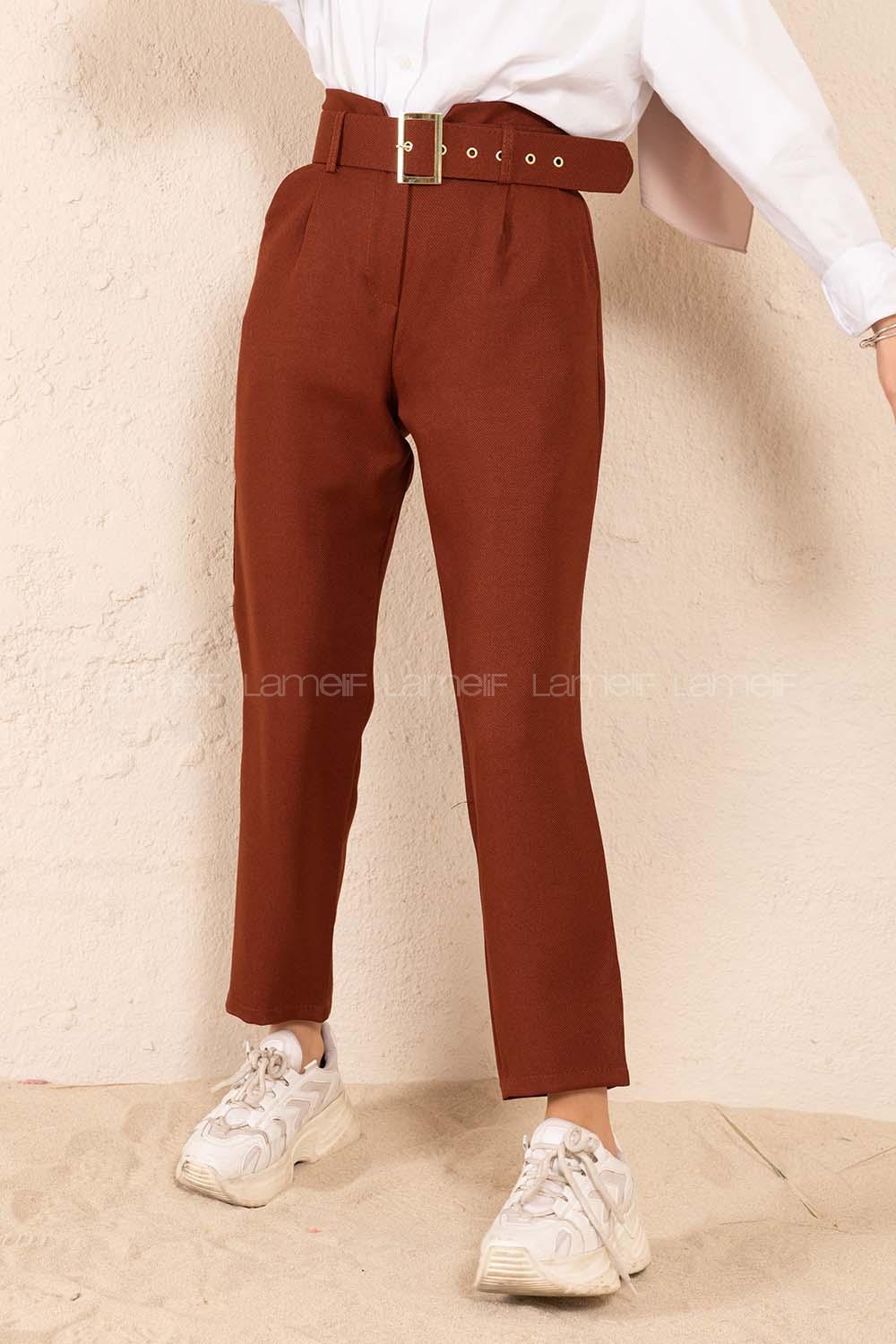 Modalamelif Çift Cep Gold Kemerli Pantolon Acı Kahve