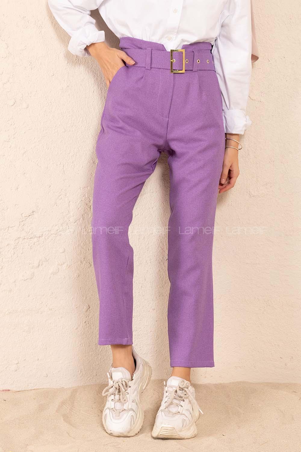 Modalamelif Çift Cep Gold Kemerli Pantolon Lila