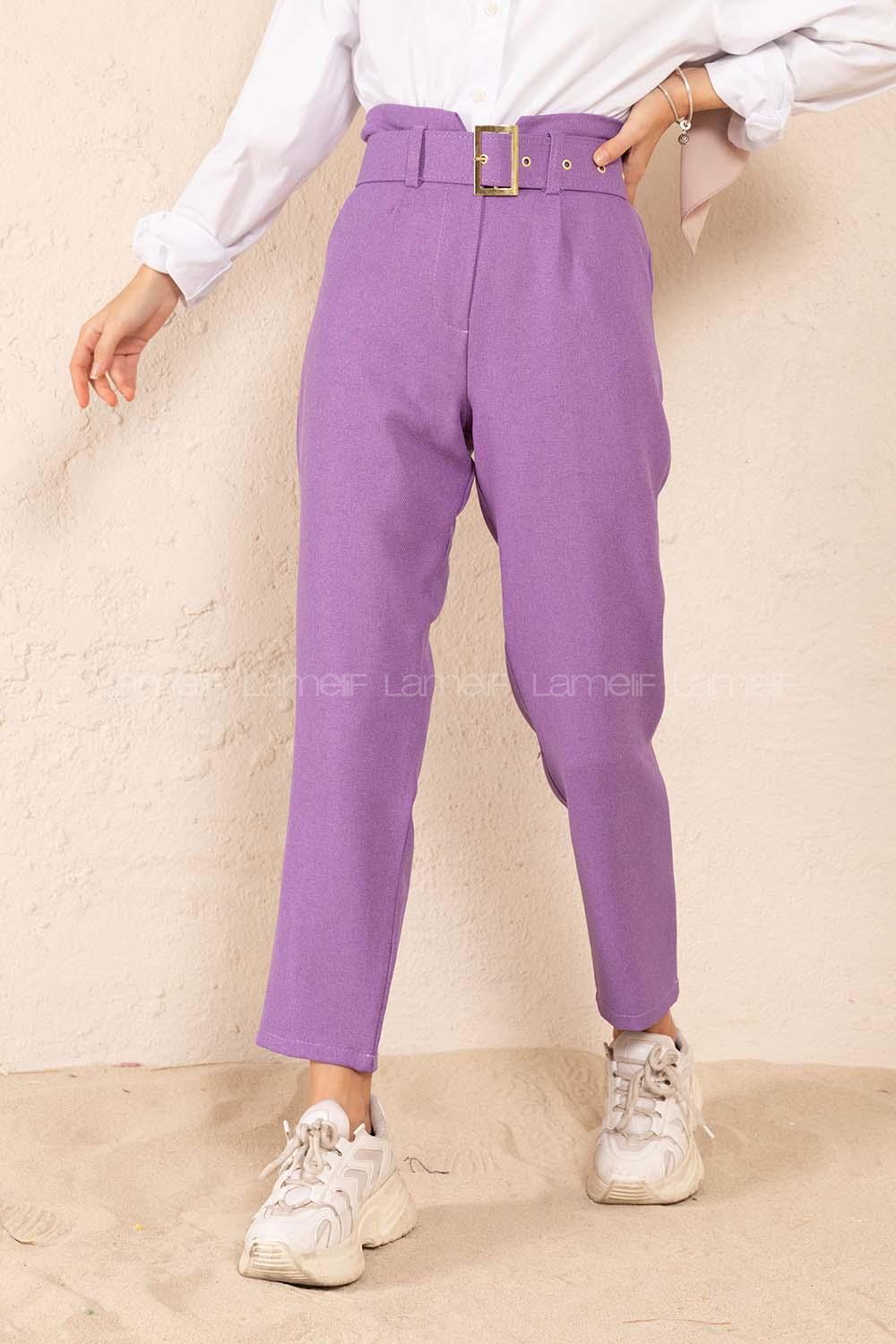 Modalamelif Çift Cep Gold Kemerli Pantolon Lila