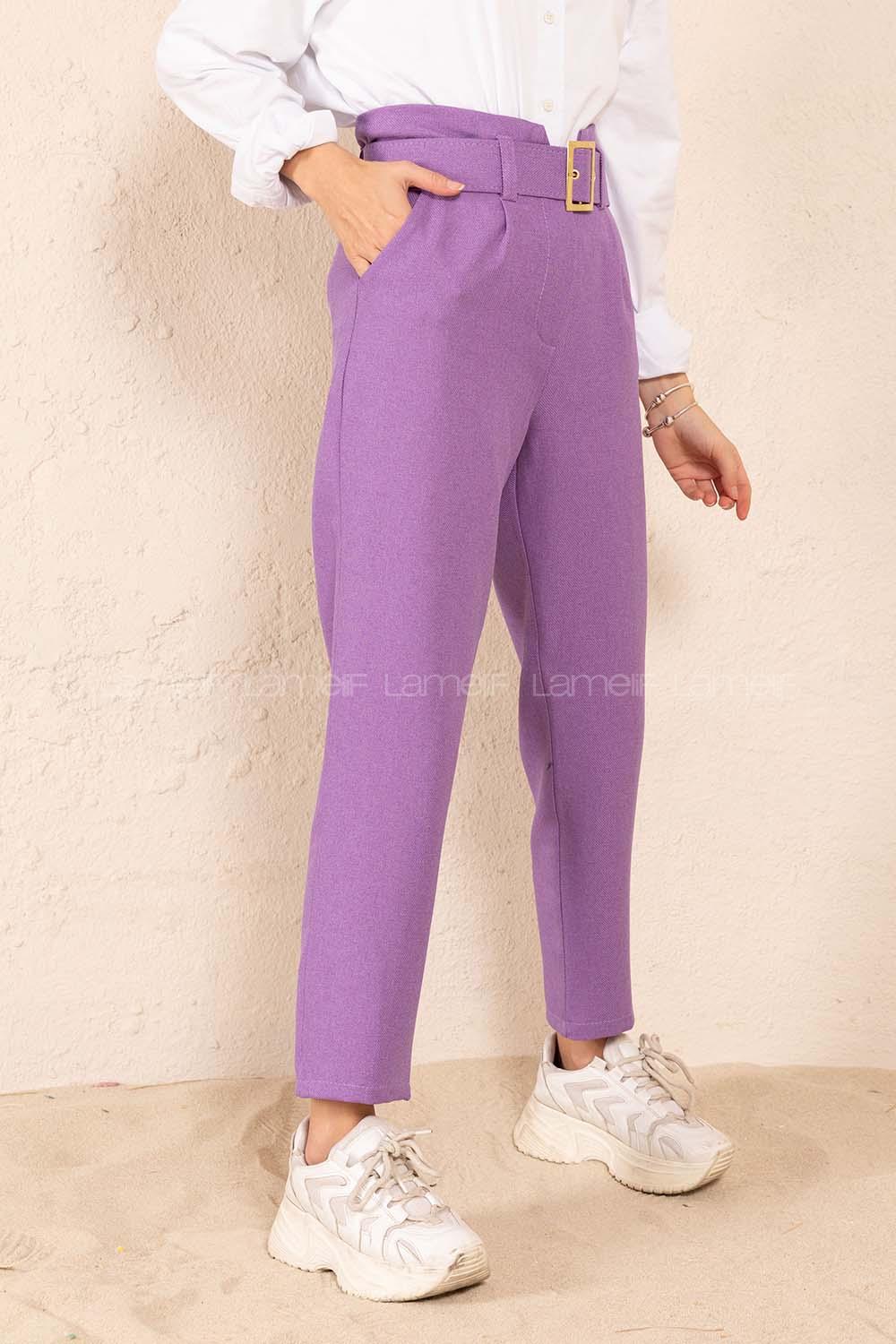 Modalamelif Çift Cep Gold Kemerli Pantolon Lila