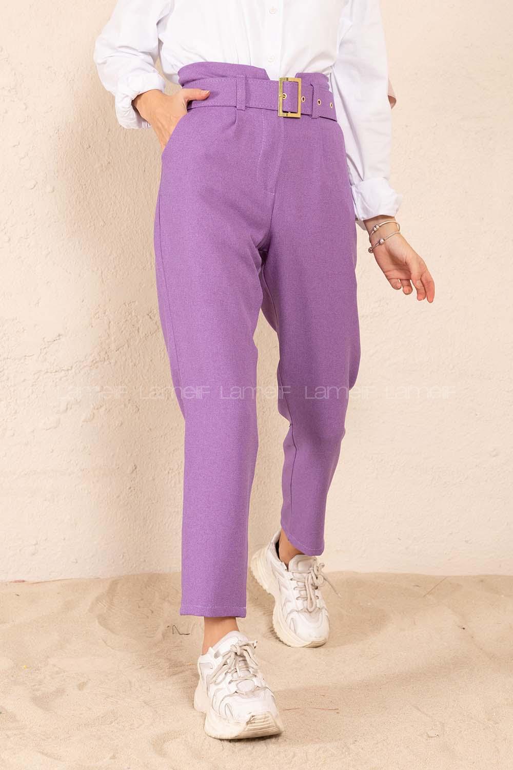 Modalamelif Çift Cep Gold Kemerli Pantolon Lila
