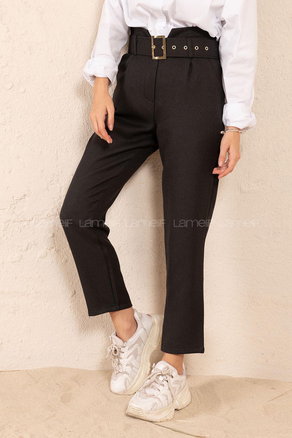 Modalamelif Çift Cep Gold Kemerli Pantolon Siyah