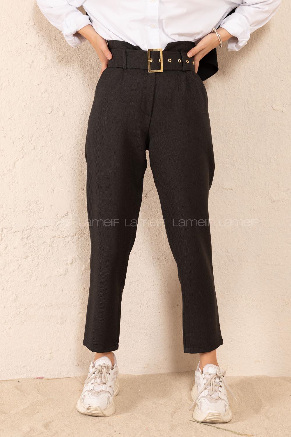 Modalamelif Çift Cep Gold Kemerli Pantolon Siyah