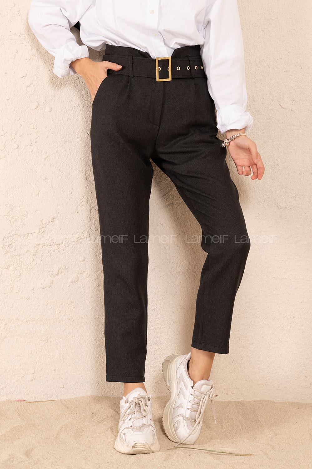 Modalamelif Çift Cep Gold Kemerli Pantolon Siyah