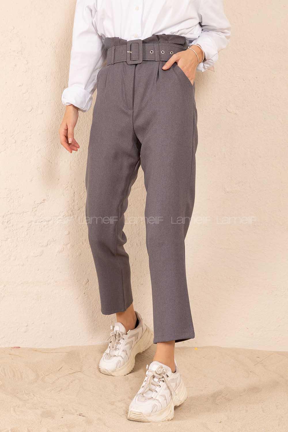 Modalamelif Çift Cep Toka Kemerli Pantolon Gri