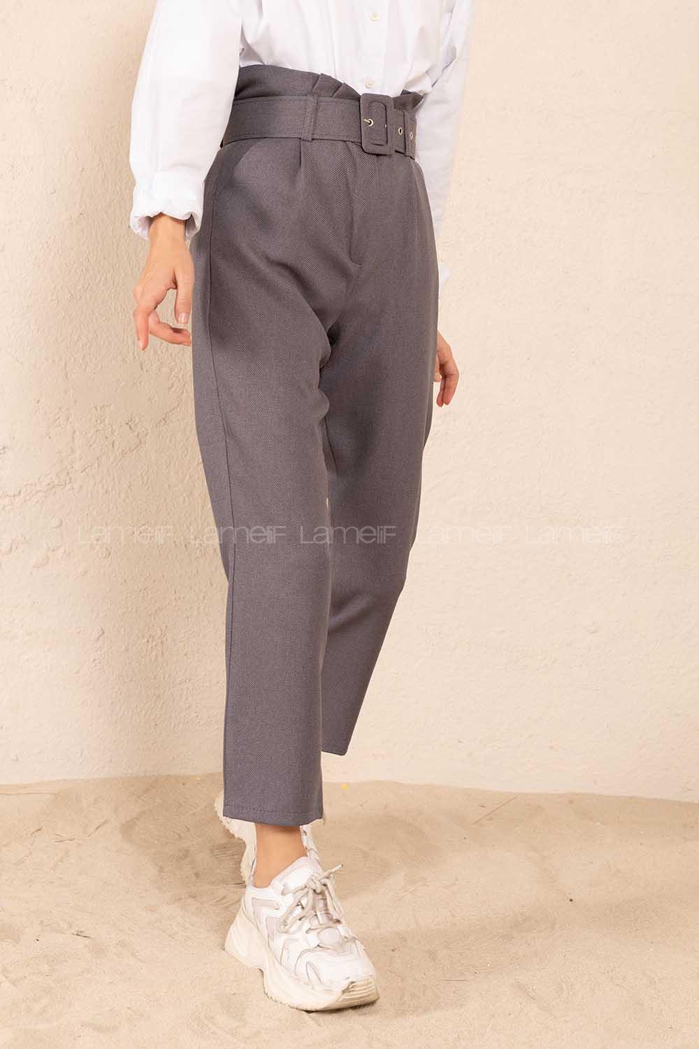 Modalamelif Çift Cep Toka Kemerli Pantolon Gri