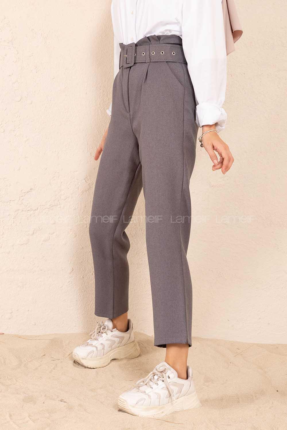 Modalamelif Çift Cep Toka Kemerli Pantolon Gri