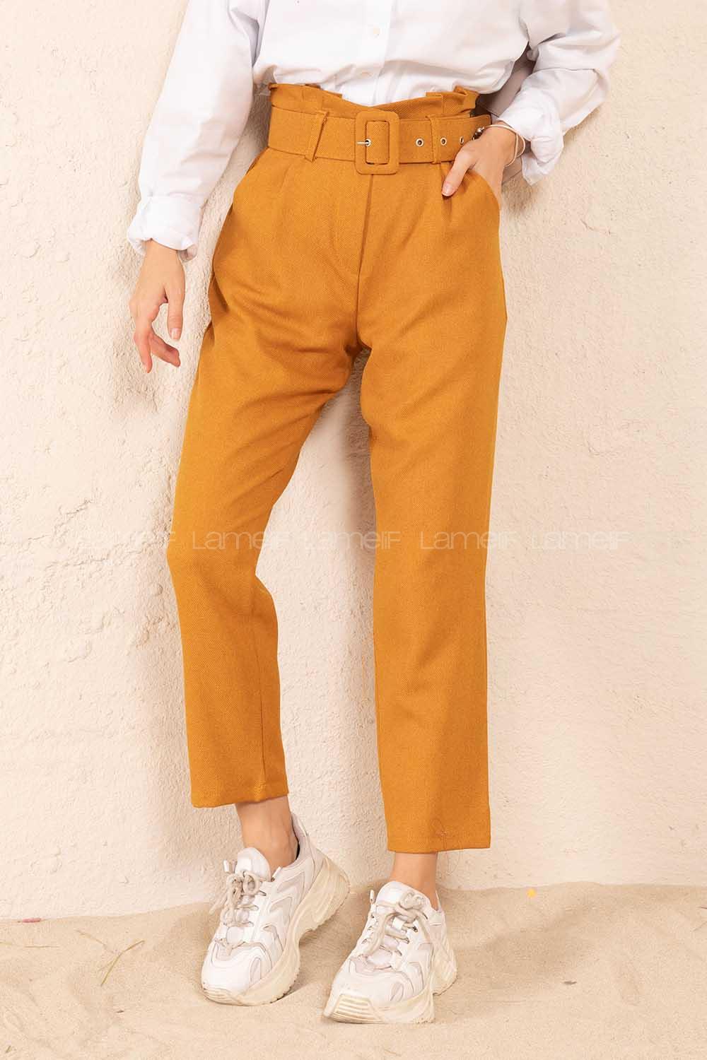 Modalamelif Çift Cep Toka Kemerli Pantolon Hardal Sarısı
