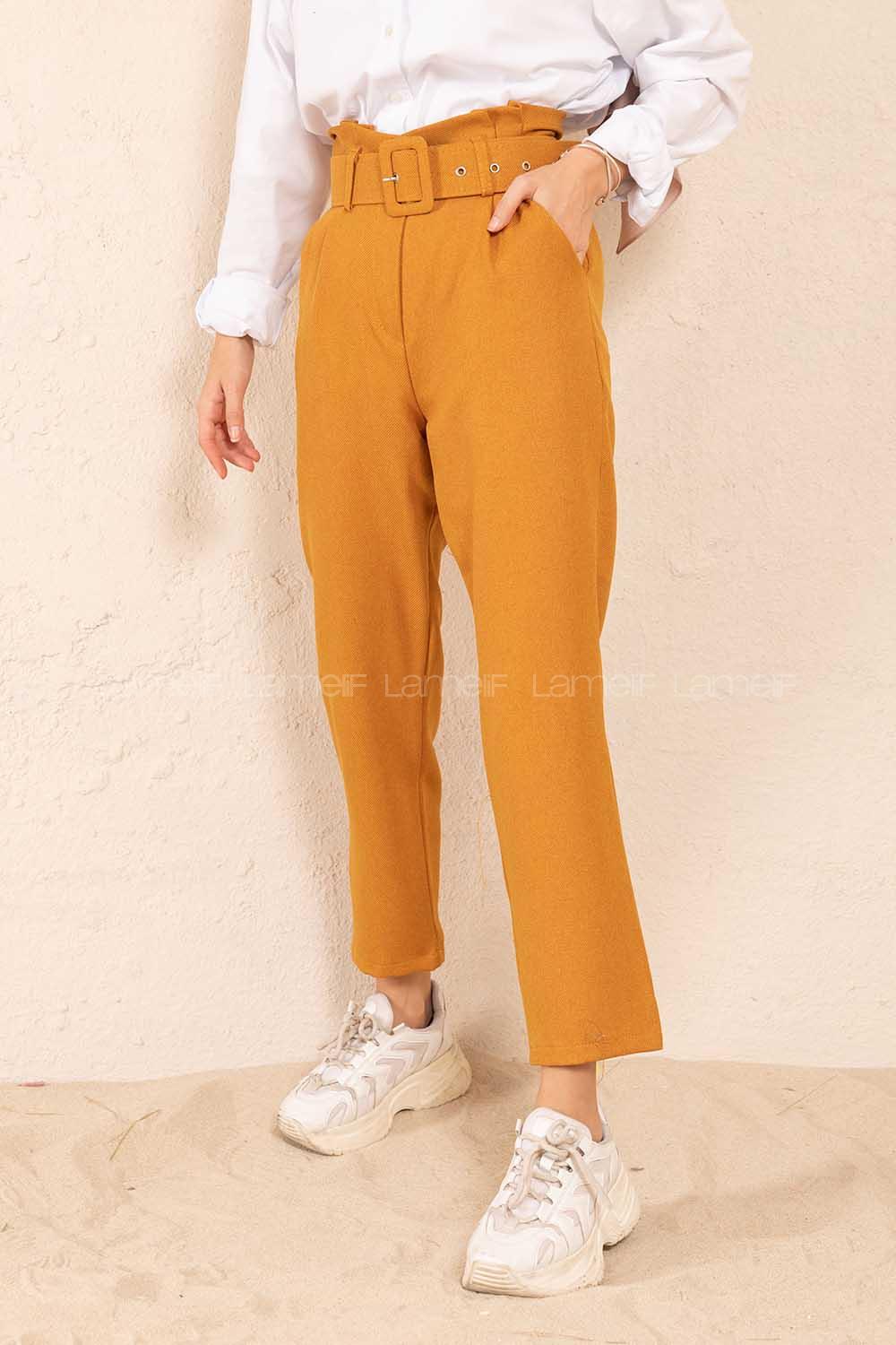 Modalamelif Çift Cep Toka Kemerli Pantolon Hardal Sarısı