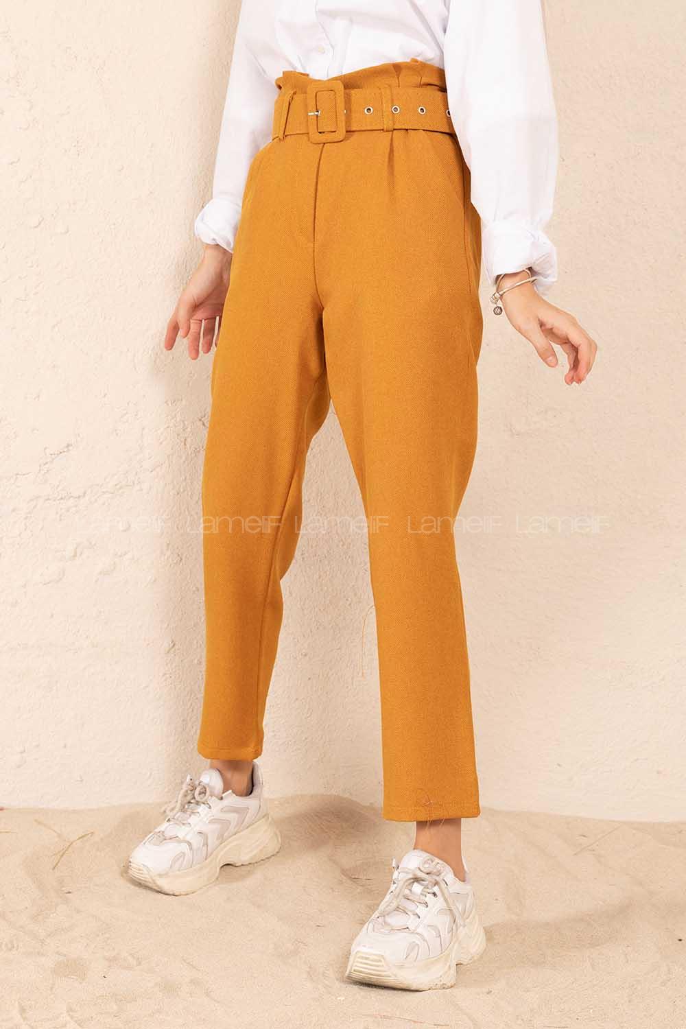 Modalamelif Çift Cep Toka Kemerli Pantolon Hardal Sarısı