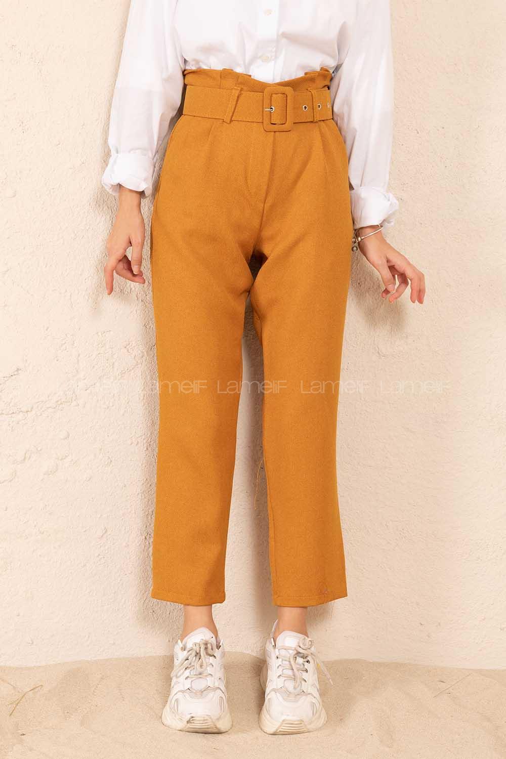 Modalamelif Çift Cep Toka Kemerli Pantolon Hardal Sarısı