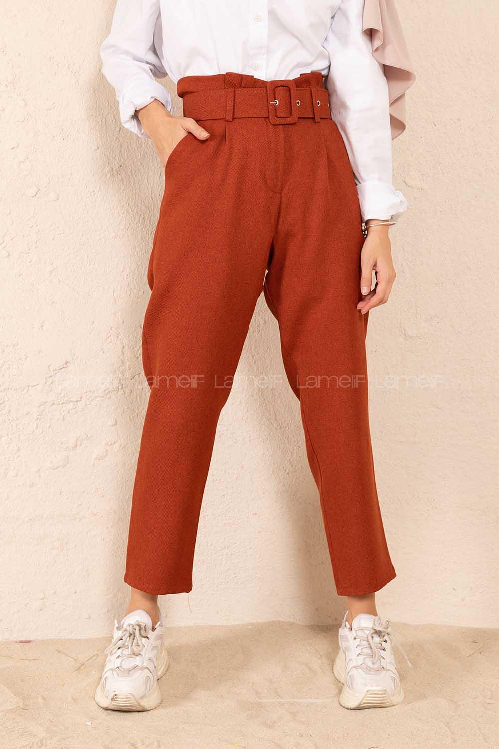 Modalamelif Çift Cep Toka Kemerli Pantolon Kiremit