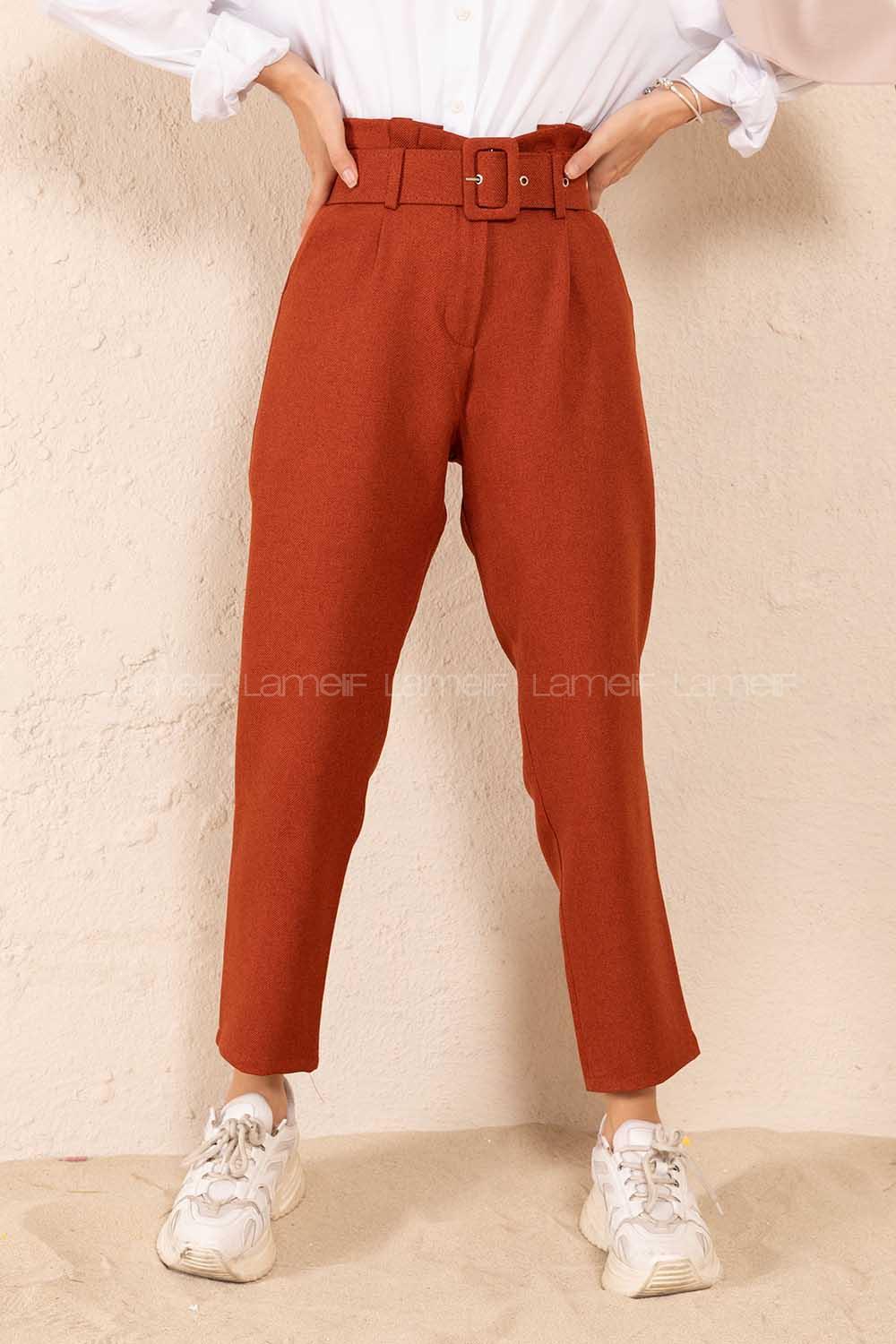 Modalamelif Çift Cep Toka Kemerli Pantolon Kiremit