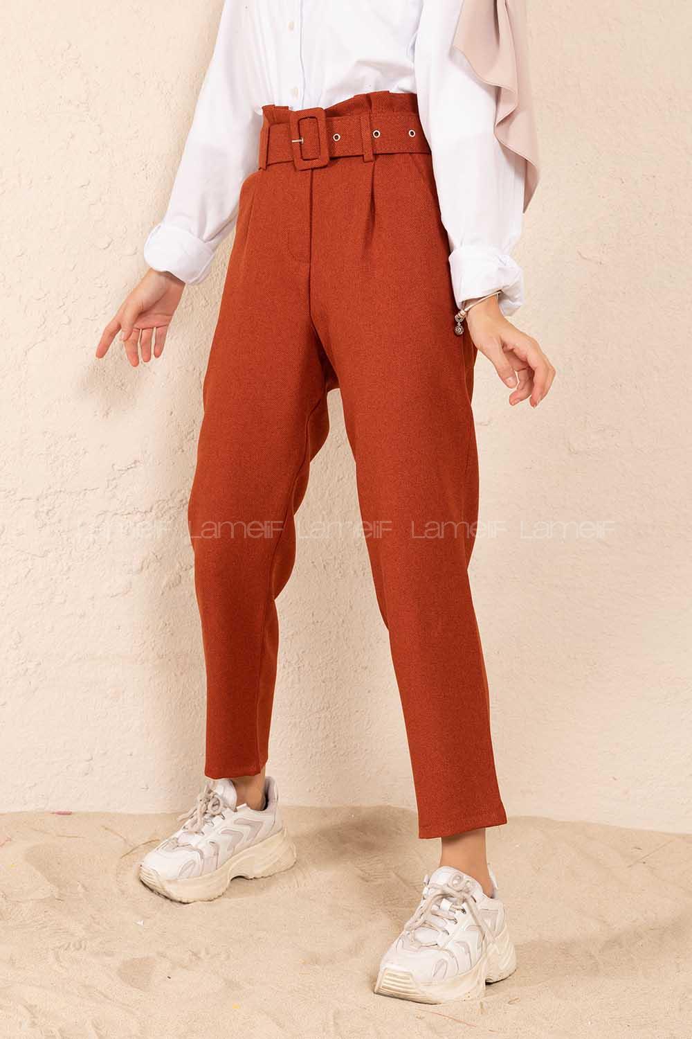 Modalamelif Çift Cep Toka Kemerli Pantolon Kiremit