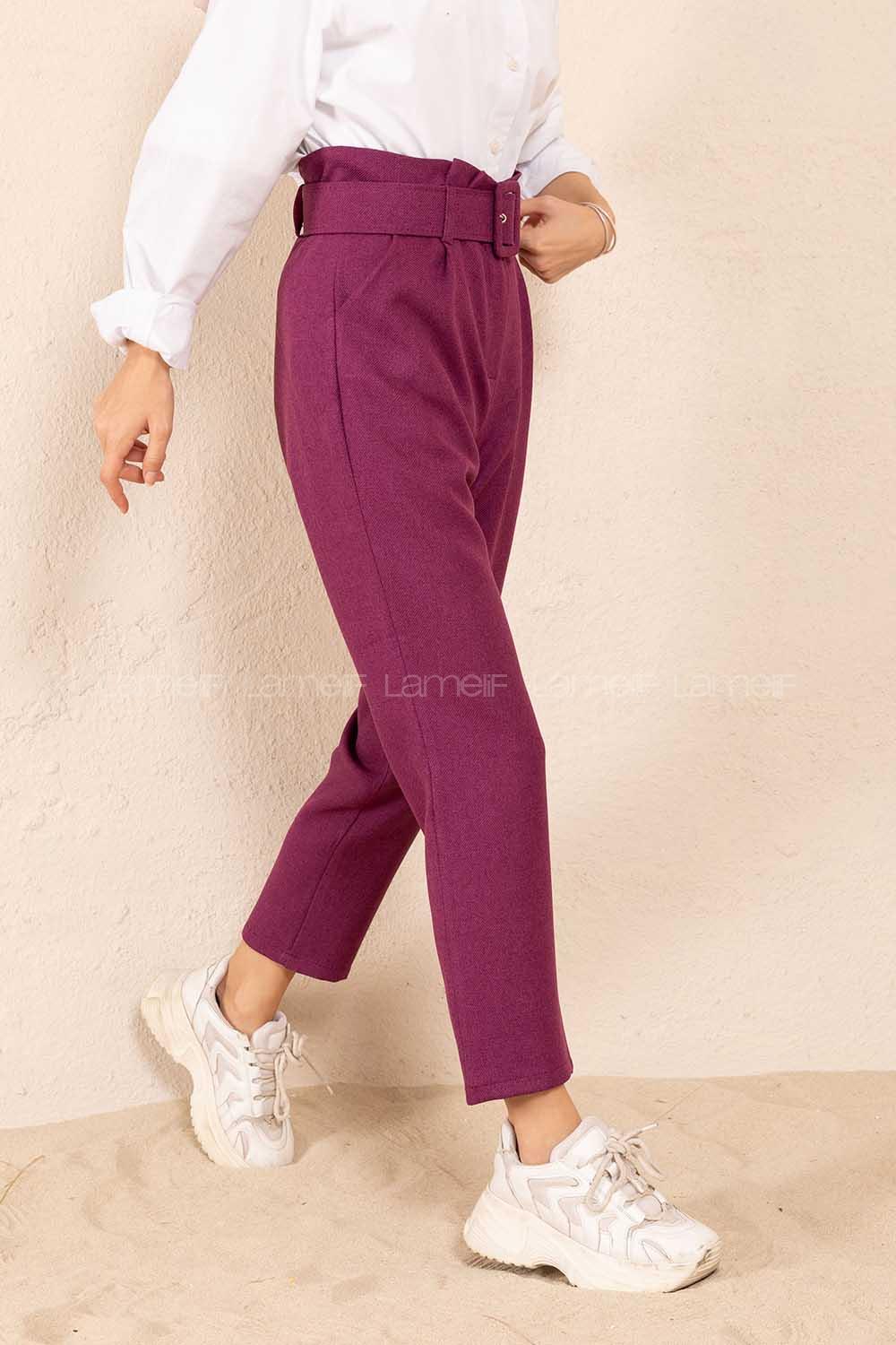 Modalamelif Çift Cep Toka Kemerli Pantolon Mor